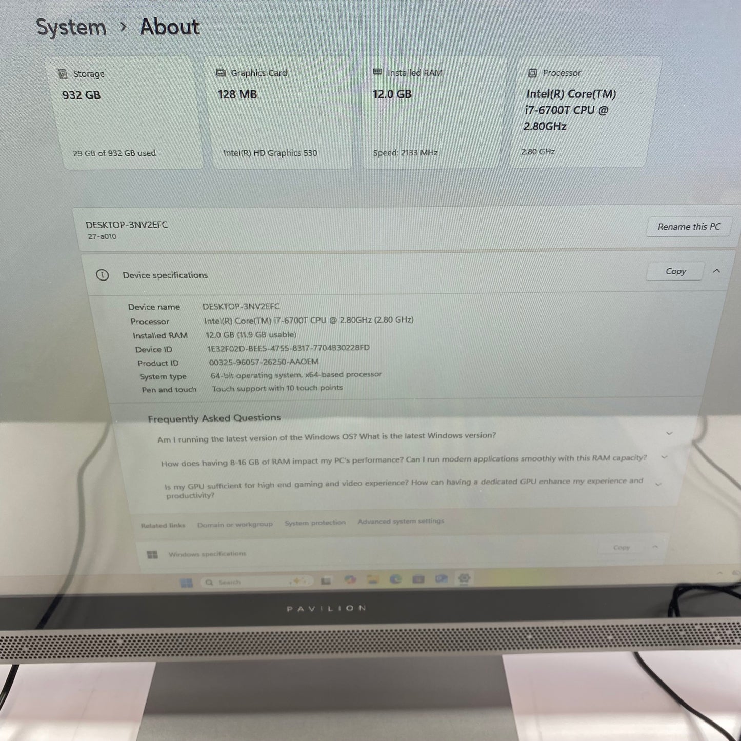 HP Pavilion 27-A010 27" i7-6700T 2.80GHz 12GB RAM