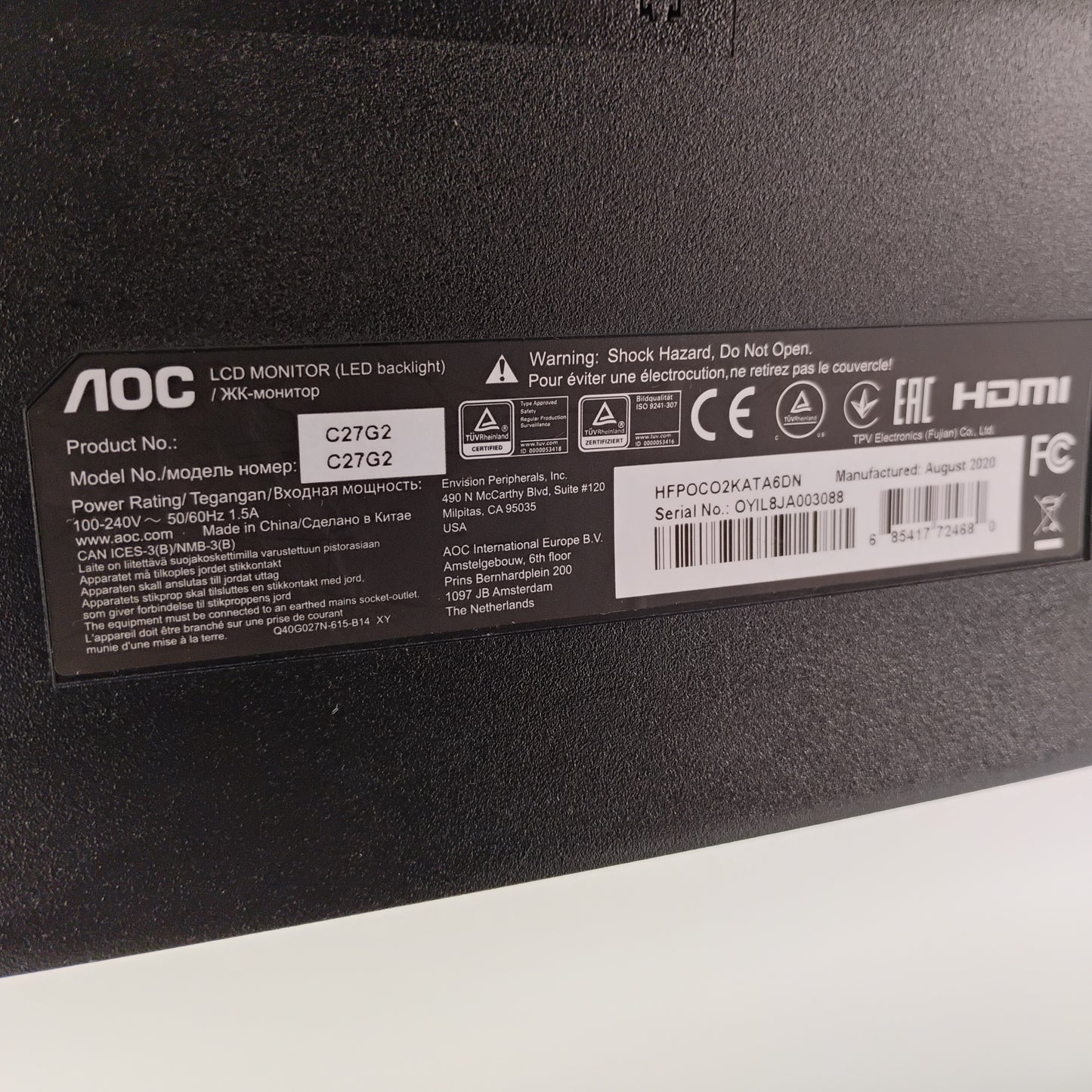 AOC 27" C27G2 FHD VA 165Hz Curved Gaming Monitor