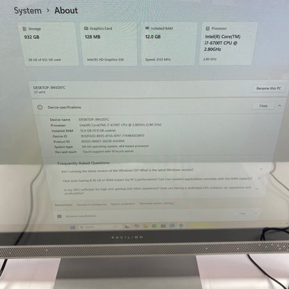 HP Pavilion 27-A010 27" i7-6700T 2.80GHz 12GB RAM
